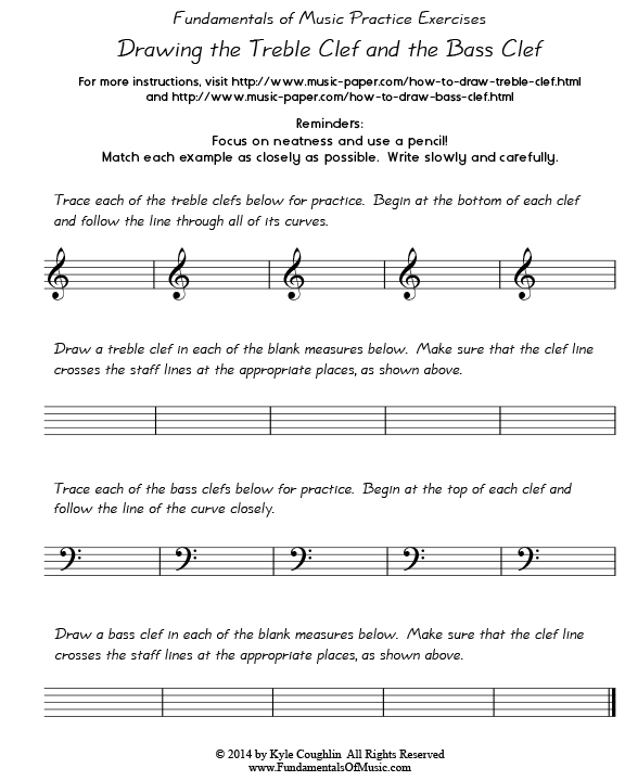 Practice exercises for drawing treble and bass clefs